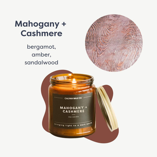 Calyan Wax Co. Mahogany & Cashmere Scented Candle - 57 Hour Burn - Luxury Non Toxic Soy Wax Candles - Long Lasting Amber Glass Jar Candle for Home - 7.2oz