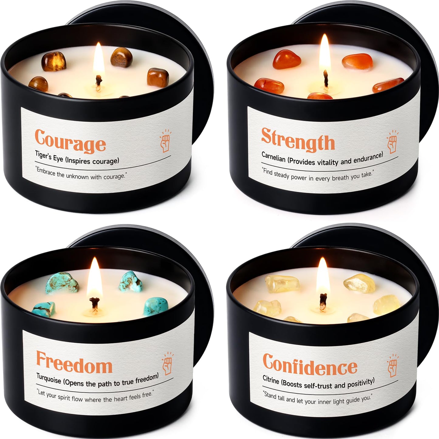 AOOVOO Crystal Love Candles Set for Women - 4 Pack 26 oz Soy Wax Candles for Home Scented, 200 Hour Long Lasting Candle, Laughter Red Crystal/Love Rose Quartz/Joy Citrine/Passion Red Quartz