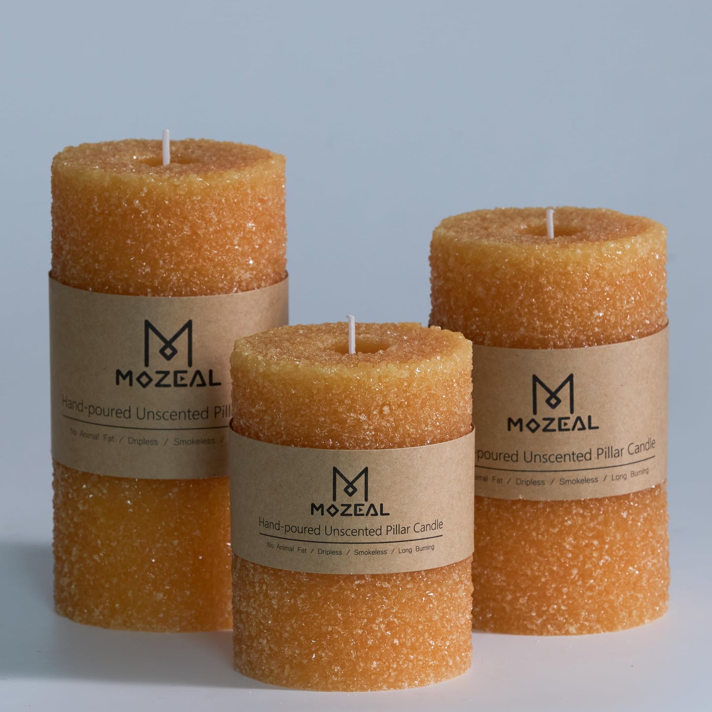 MOZEAL Hand-Poured Granular Texture Decorative Gold Pillar Candles Set of 3 (3"x4", 5", 6"), Approx 300 Hours Burn Time Dripless, Unscented, Smokeless, for Glamorous Events & Christmas Party Decor