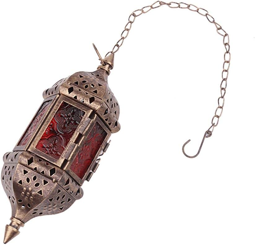 2 Pcs Hanging Hexagon Decorative Moroccan Candle Lantern Holders, Handmade Hanging Tea Light Holder in Bronze Metal & Red & Purple Glass Gift & Decor Items