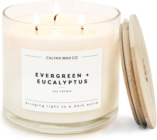 Calyan Wax Co. Evergreen & Eucalyptus 3 Wick Scented Candle - 43 Hour Burn - Luxury 3 Wick Soy Candles - Non Toxic Soy Wax Candles - Long Lasting Large Glass Jar Candle for Home - 14.9oz