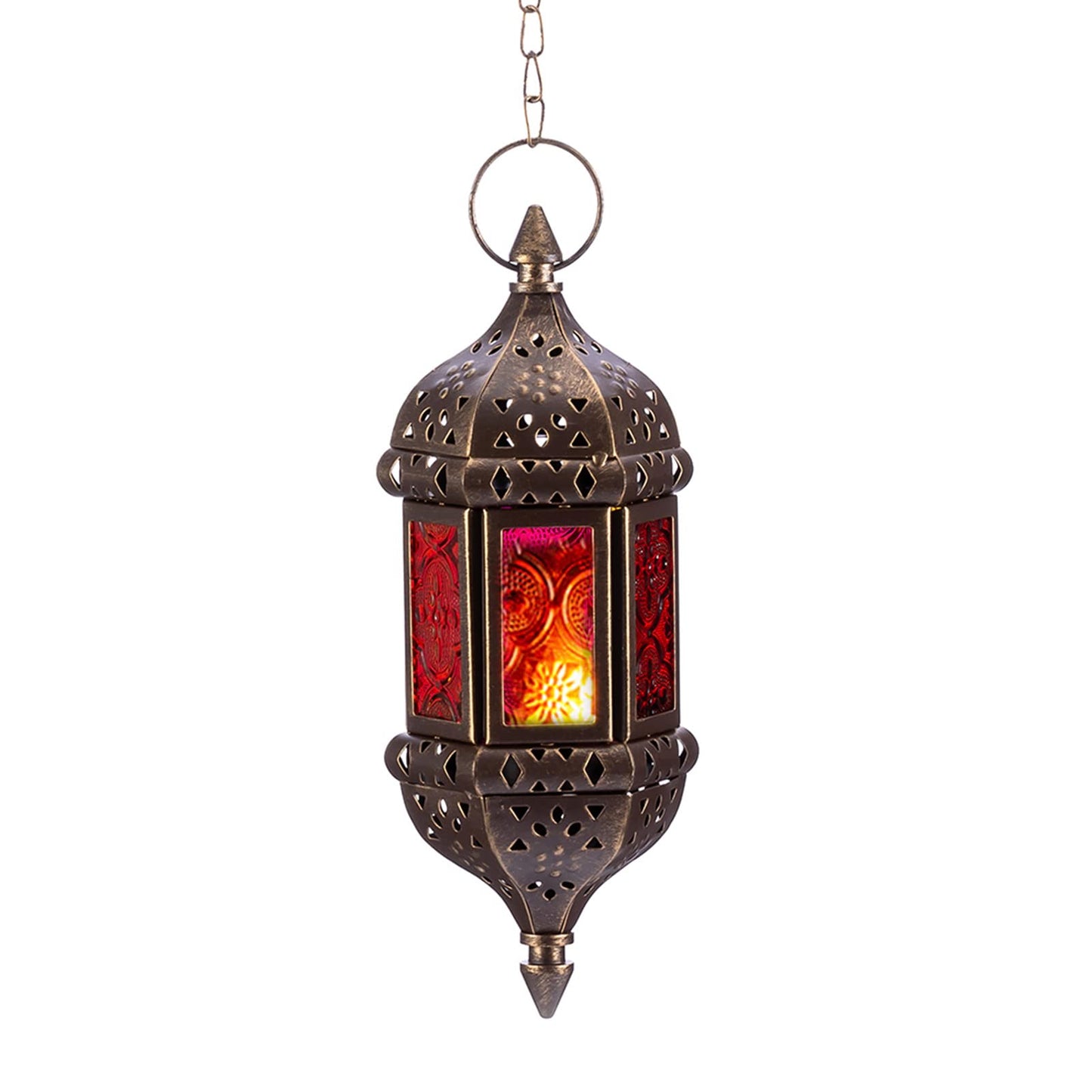 2 Pcs Hanging Hexagon Decorative Moroccan Candle Lantern Holders, Handmade Hanging Tea Light Holder in Bronze Metal & Red & Purple Glass Gift & Decor Items