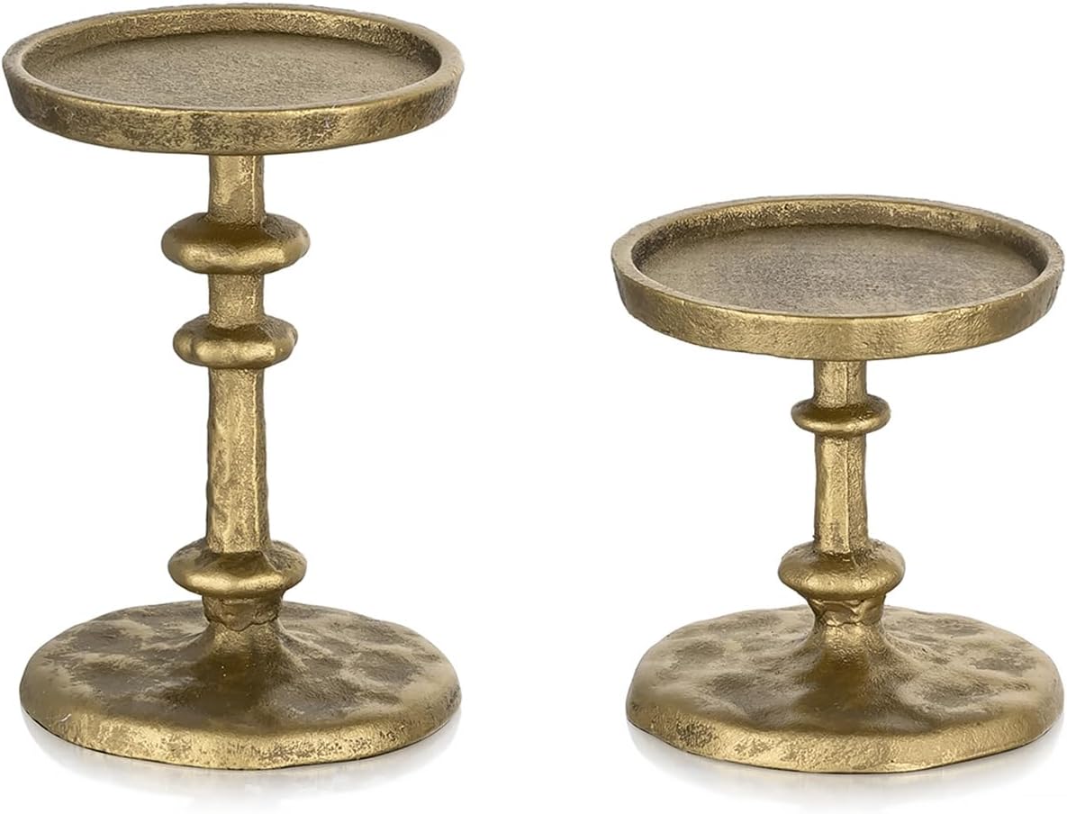 NUPTIO Gold Candle Holders for Pillar: Antique Brass Cast Iron Candleholder for 3 Inch Pillars -Heavy Metal Candle Stand for Christmas Party Table Decor