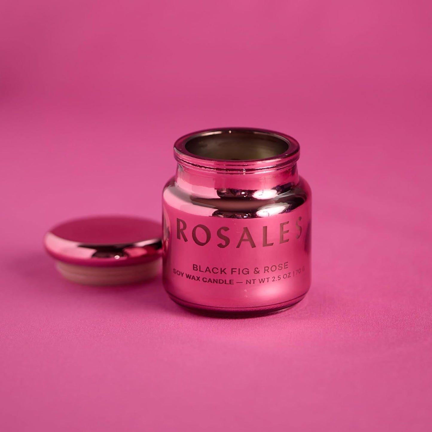 Paddywax Chroma Scented Candle with Lid in Reusable Metallic Etched Glass Jar, Clean- Burn Soy Candle with Approx. 14 Hour Burn Time, Pink – Rosales, Black Fig & Rose, 2.5 oz