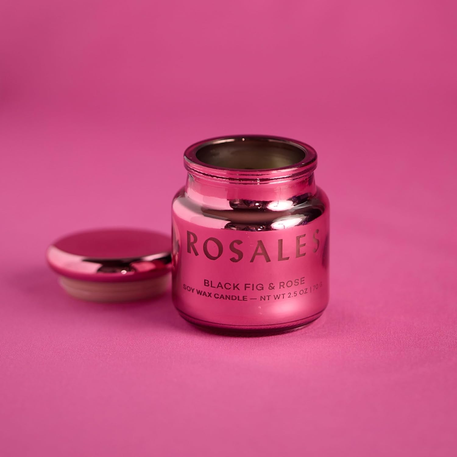Paddywax Chroma Scented Candle with Lid in Reusable Metallic Etched Glass Jar, Clean- Burn Soy Candle with Approx. 14 Hour Burn Time, Pink – Rosales, Black Fig & Rose, 2.5 oz