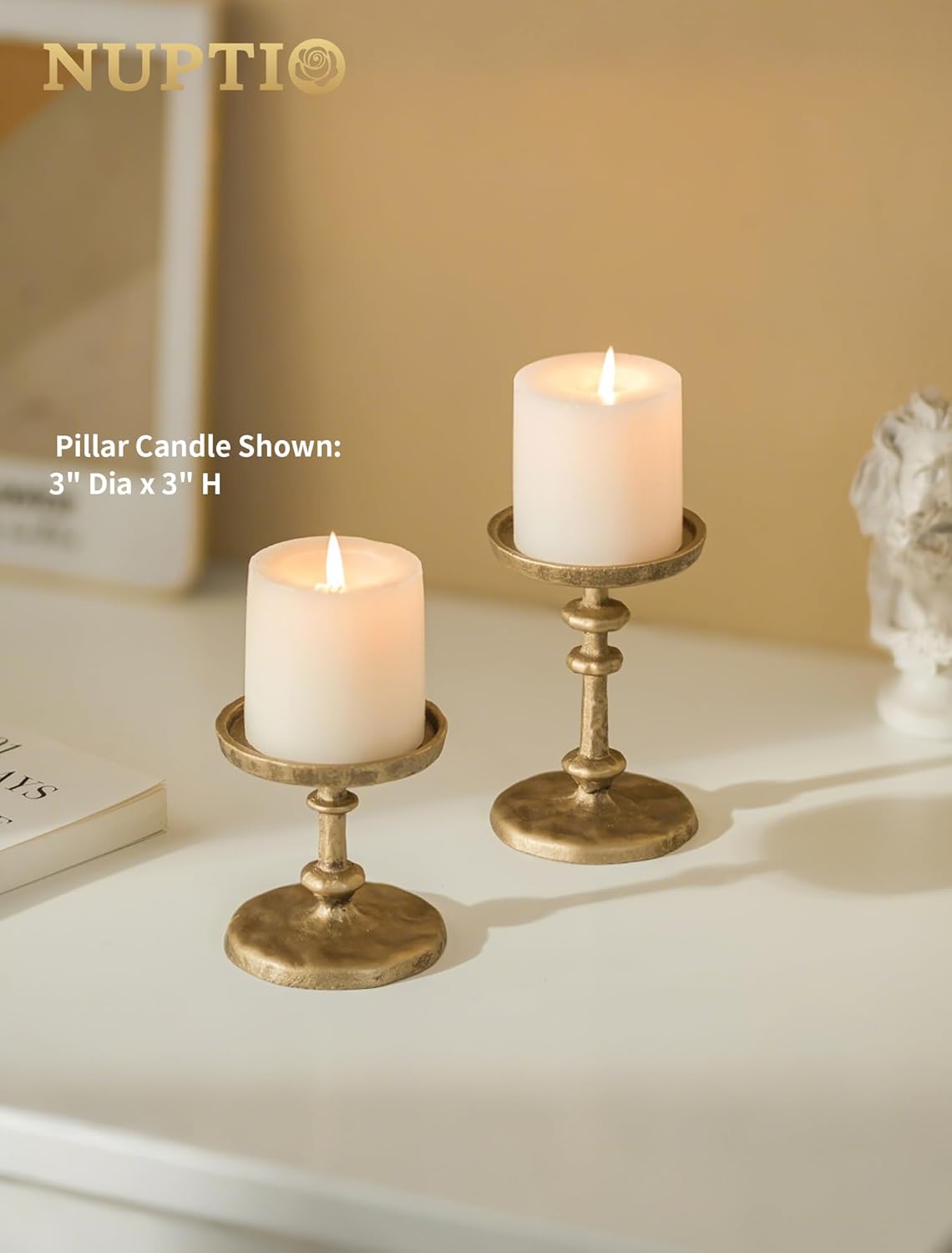 NUPTIO Gold Candle Holders for Pillar: Antique Brass Cast Iron Candleholder for 3 Inch Pillars -Heavy Metal Candle Stand for Christmas Party Table Decor