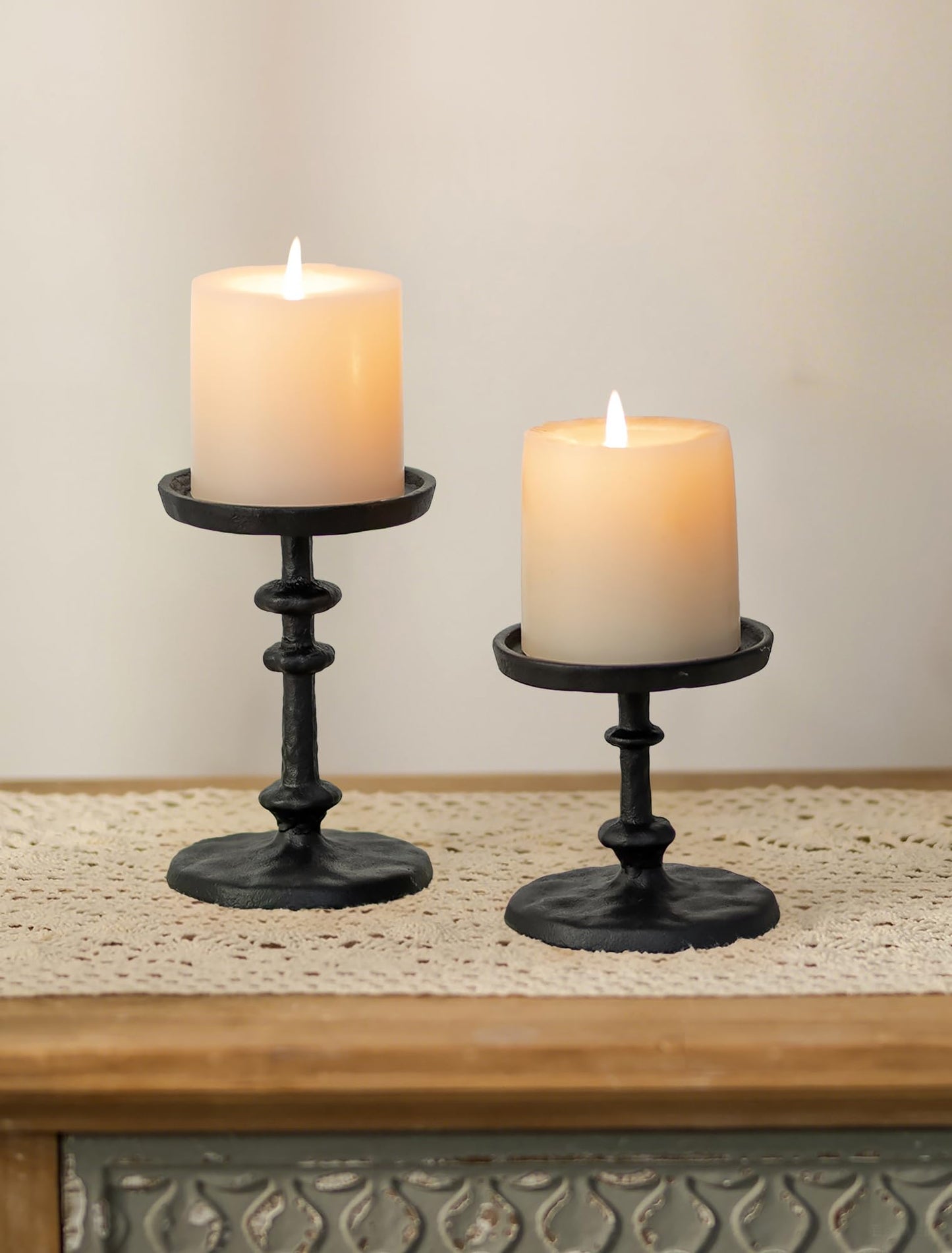 NUPTIO Gold Candle Holders for Pillar: Antique Brass Cast Iron Candleholder for 3 Inch Pillars -Heavy Metal Candle Stand for Christmas Party Table Decor