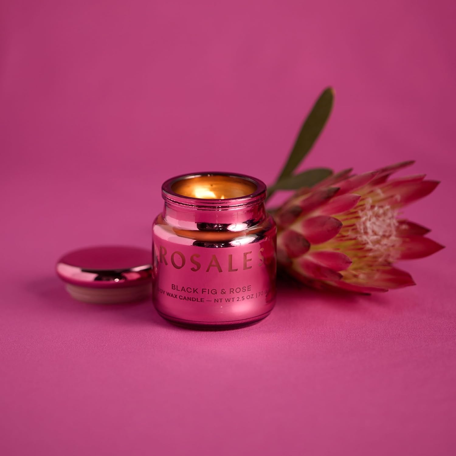 Paddywax Chroma Scented Candle with Lid in Reusable Metallic Etched Glass Jar, Clean- Burn Soy Candle with Approx. 14 Hour Burn Time, Pink – Rosales, Black Fig & Rose, 2.5 oz