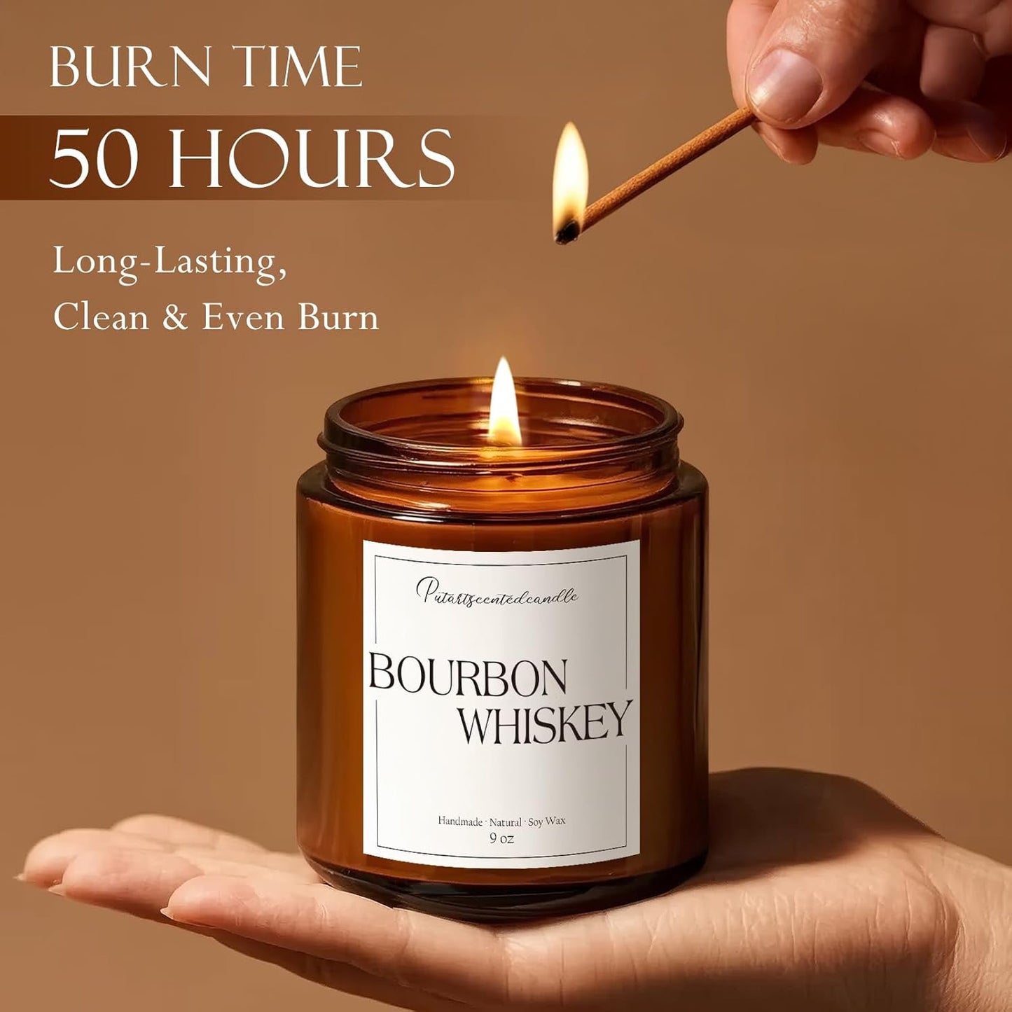 Bourbon Whiskey Scented Candle for Home, Natural Soy Wax Aromatherapy Non Toxic Candle Gifts for Women & Men, Handmade Highly Scented & Long Lasting Jar Candle for Stress Relief (9oz)