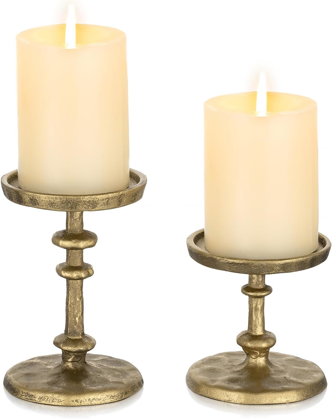 NUPTIO Gold Candle Holders for Pillar: Antique Brass Cast Iron Candleholder for 3 Inch Pillars -Heavy Metal Candle Stand for Christmas Party Table Decor