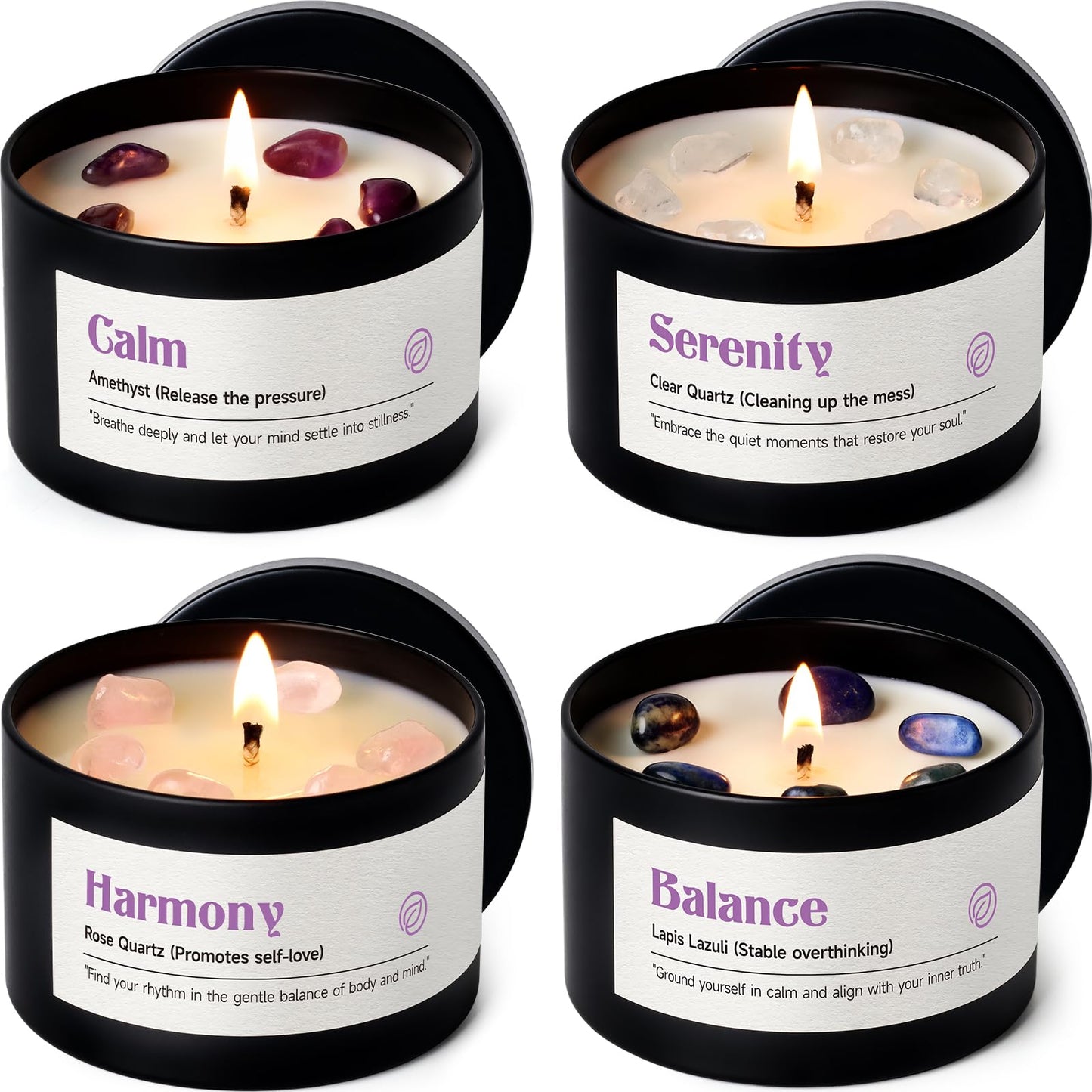 AOOVOO Crystal Love Candles Set for Women - 4 Pack 26 oz Soy Wax Candles for Home Scented, 200 Hour Long Lasting Candle, Laughter Red Crystal/Love Rose Quartz/Joy Citrine/Passion Red Quartz