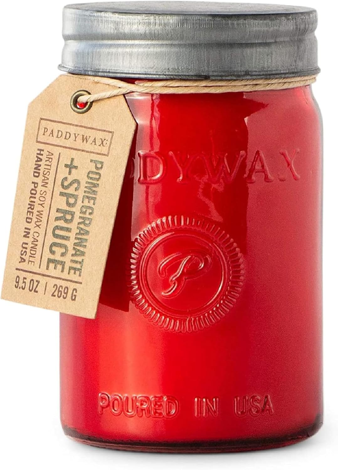 Paddywax Scented Candles Relish Collection Soy Wax Artisan Candle in Glass Jar with Lid, 9.5-Ounce, Pomegranate + Spruce