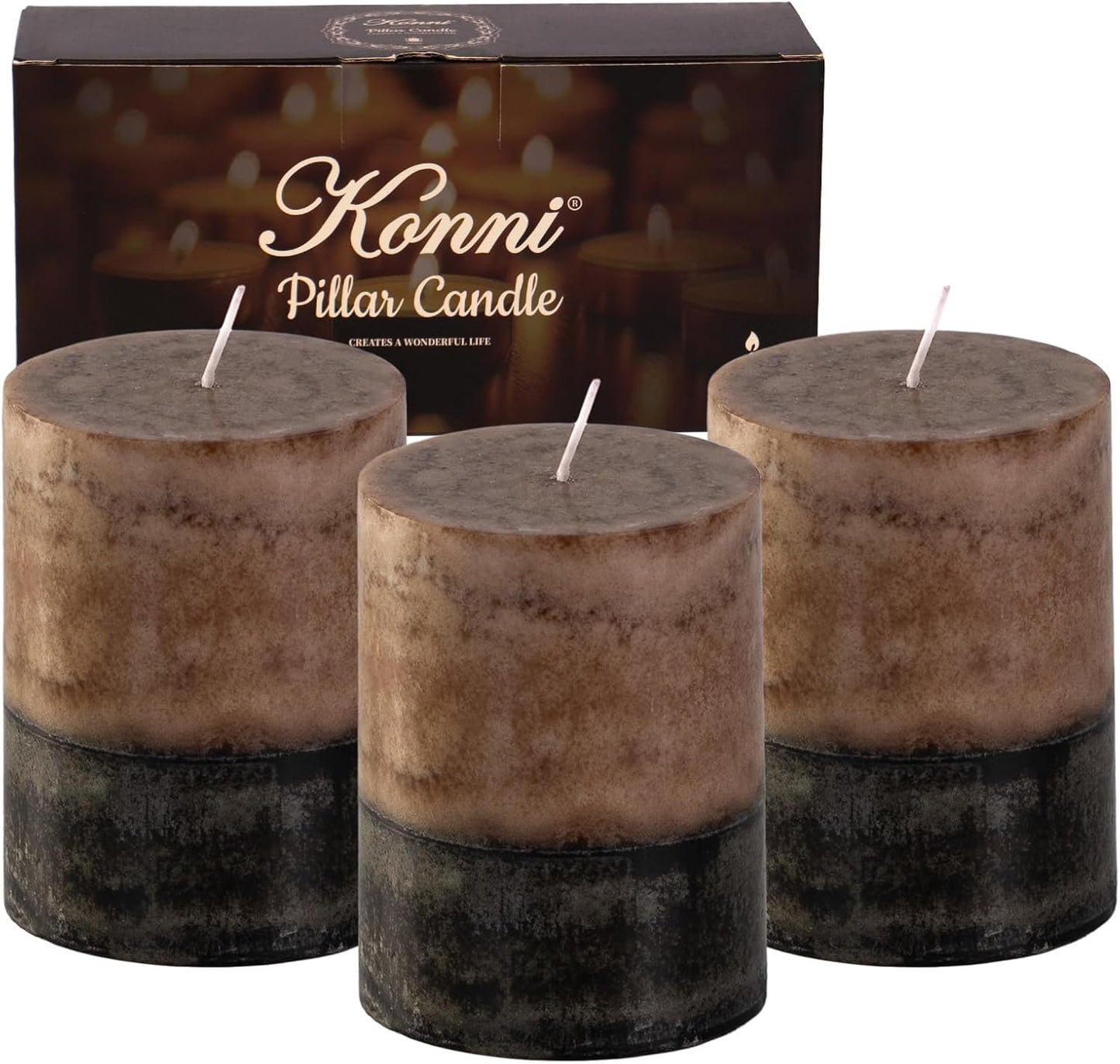 KONNI Coffee Layered Pillar Candles Set of 3, 3"x 4" Unscented Pillar Candles Bulk, 39 Hours Long Burning Candles, Smokeless&Dripless Round Candle for Wedding, Home Decoration, Parties, Spas, Dinner
