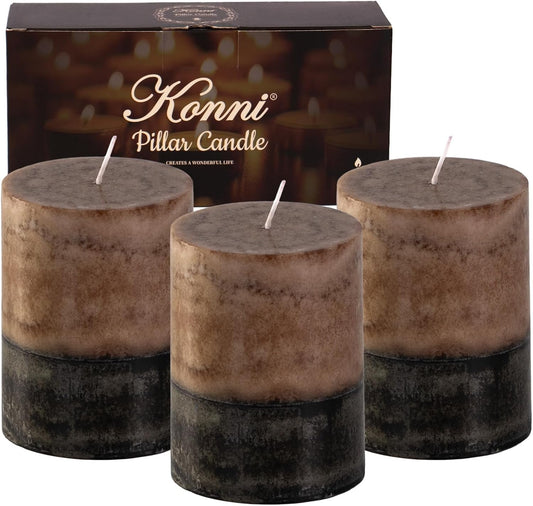 KONNI Coffee Layered Pillar Candles Set of 3, 3"x 4" Unscented Pillar Candles Bulk, 39 Hours Long Burning Candles, Smokeless&Dripless Round Candle for Wedding, Home Decoration, Parties, Spas, Dinner