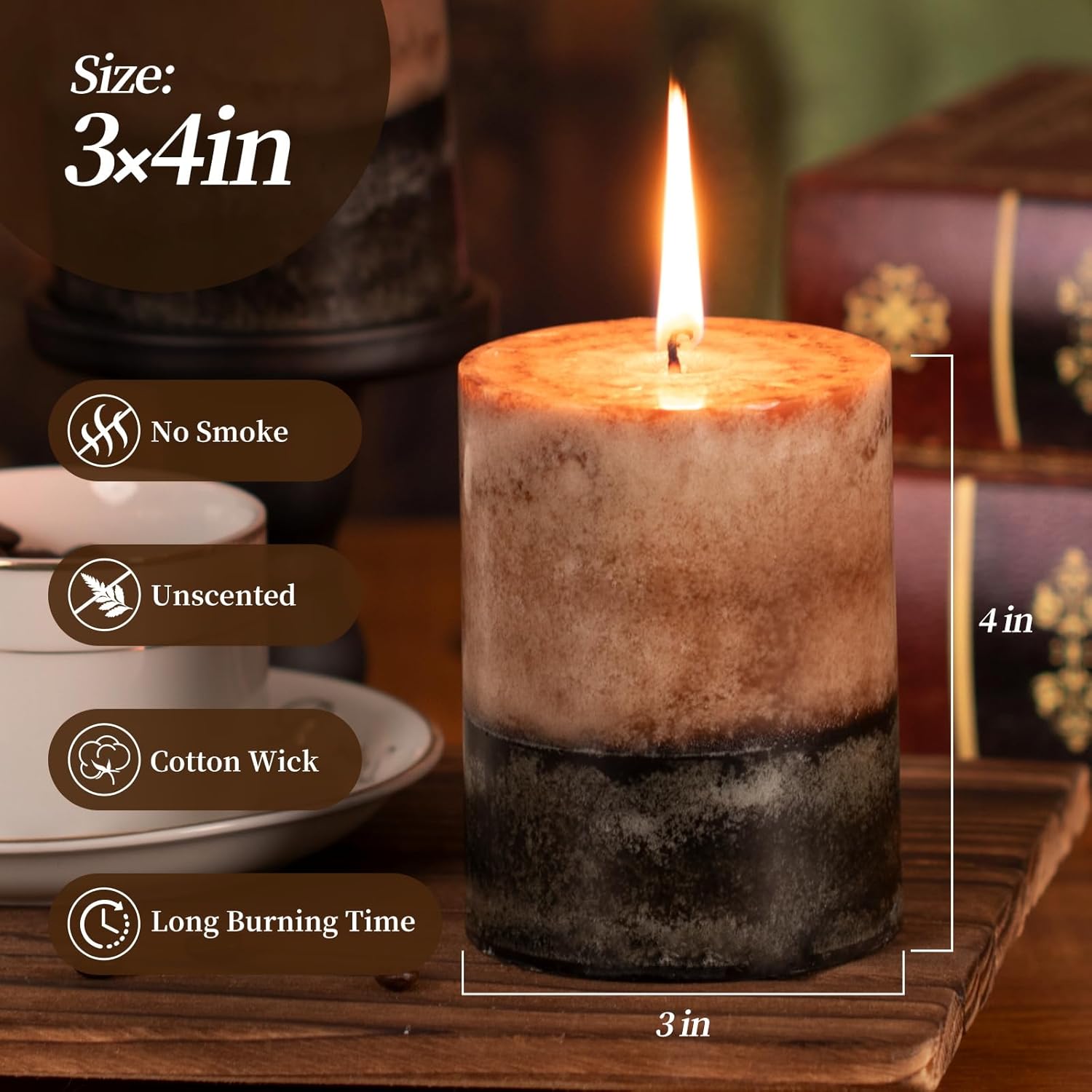 KONNI Coffee Layered Pillar Candles Set of 3, 3"x 4" Unscented Pillar Candles Bulk, 39 Hours Long Burning Candles, Smokeless&Dripless Round Candle for Wedding, Home Decoration, Parties, Spas, Dinner