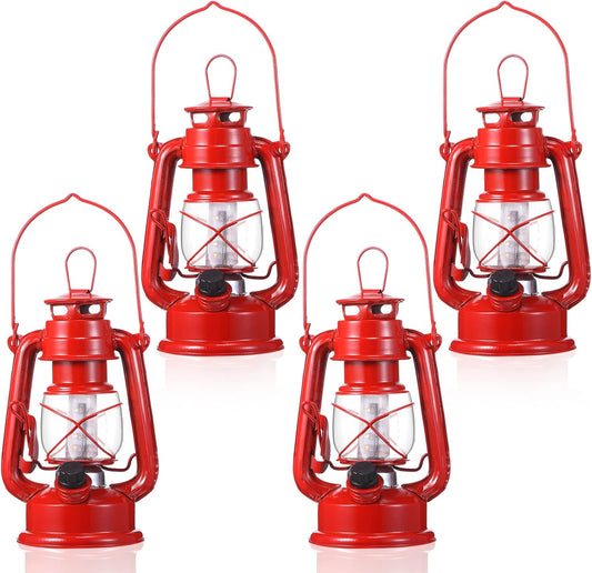 Hortsun 4 Pcs 8 Inch Vintage LED Hurricane Lantern Metal Red Outdoor Battery Operated Hanging Lantern with Warm LEDs and Dimmer Switch for Halloween Christmas Indoor Rustic Farmhouse Camping Decor