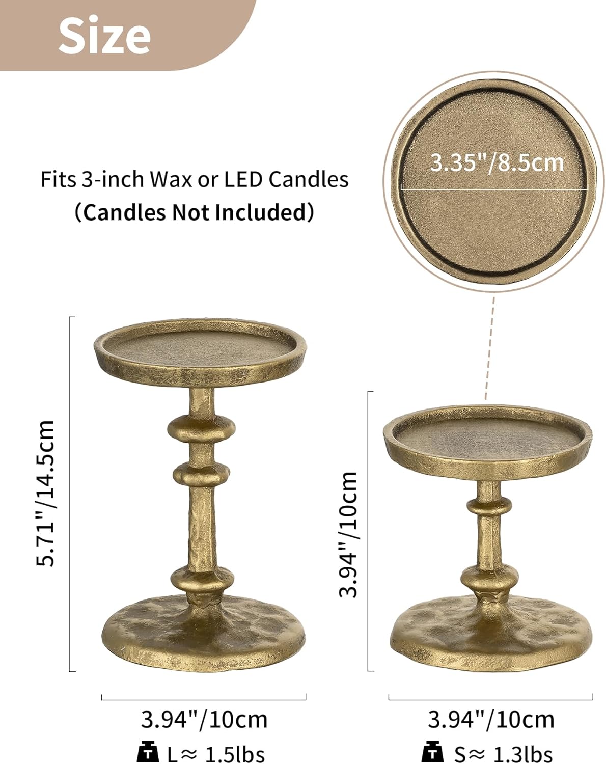 NUPTIO Gold Candle Holders for Pillar: Antique Brass Cast Iron Candleholder for 3 Inch Pillars -Heavy Metal Candle Stand for Christmas Party Table Decor