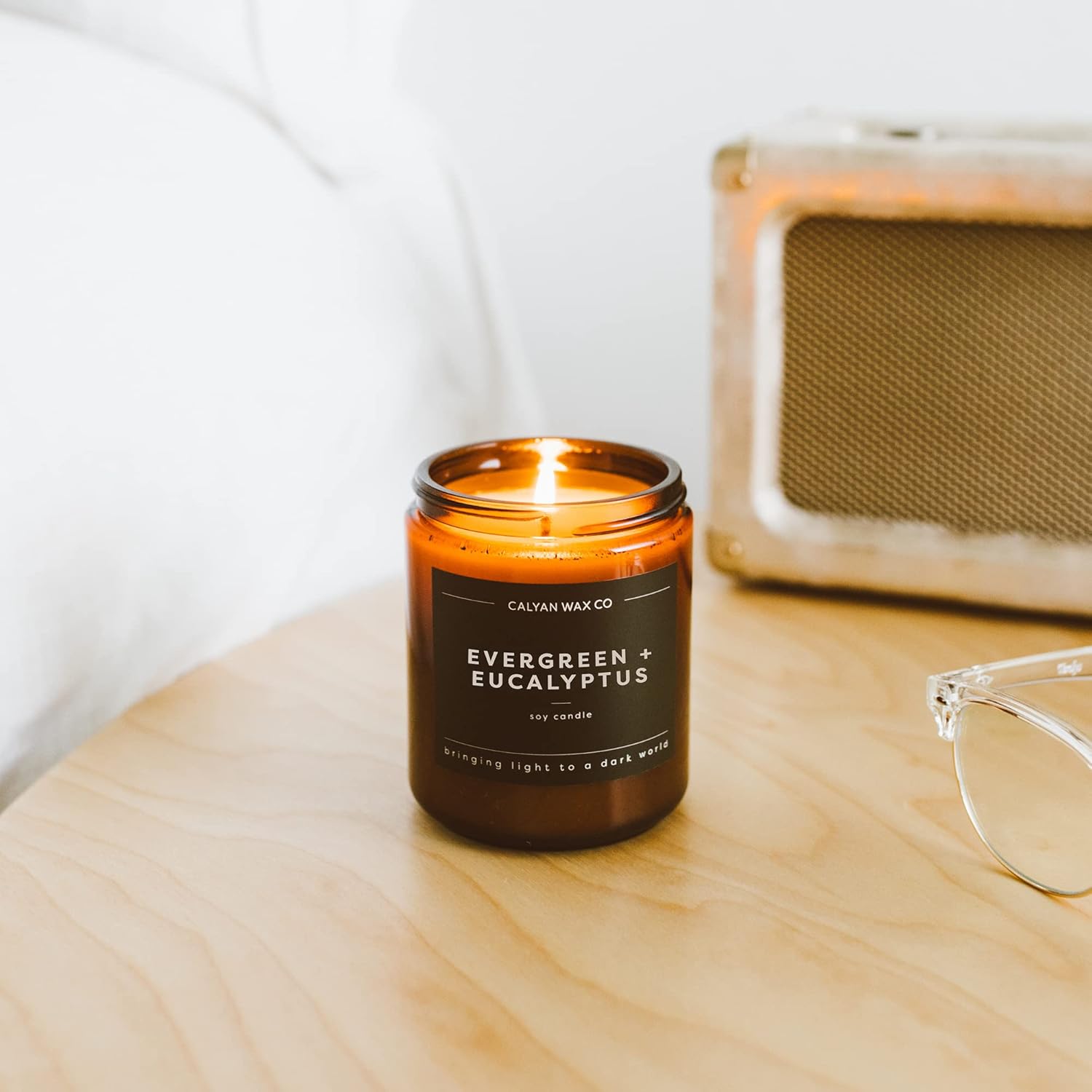 Calyan Wax Co. Evergreen & Eucalyptus Scented Candle - 57 Hour Burn - Luxury Non Toxic Soy Wax Candles - Long Lasting Amber Glass Jar Candle for Home - 7.2oz