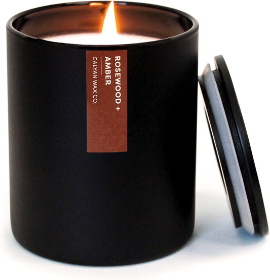 Calyan Wax Co. Rosewood & Amber Scented Candle - 75 Hour Burn - Luxury Non Toxic Soy Wax Candles - Long Lasting Black Tumbler Jar Candle for Home - 10.2oz