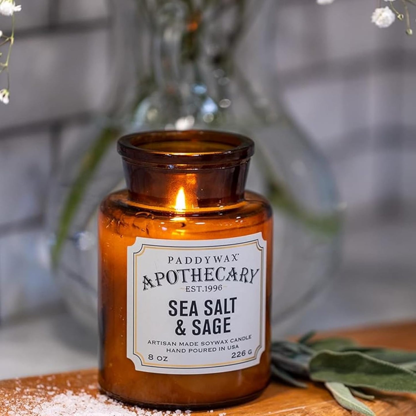 Paddywax Artisan Apothecary Scented Candle with Lid in Reusable Glass Jar, Clean-Burn Soy Candle with Approx. 54 Hour Burn Time, Sea Salt & Sage, 8 oz.