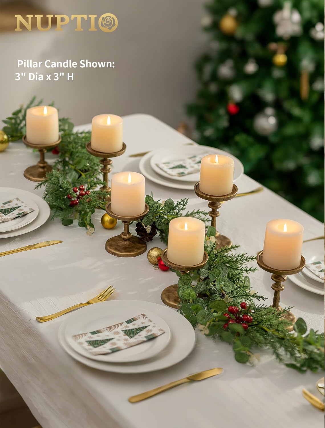 NUPTIO Gold Candle Holders for Pillar: Antique Brass Cast Iron Candleholder for 3 Inch Pillars -Heavy Metal Candle Stand for Christmas Party Table Decor