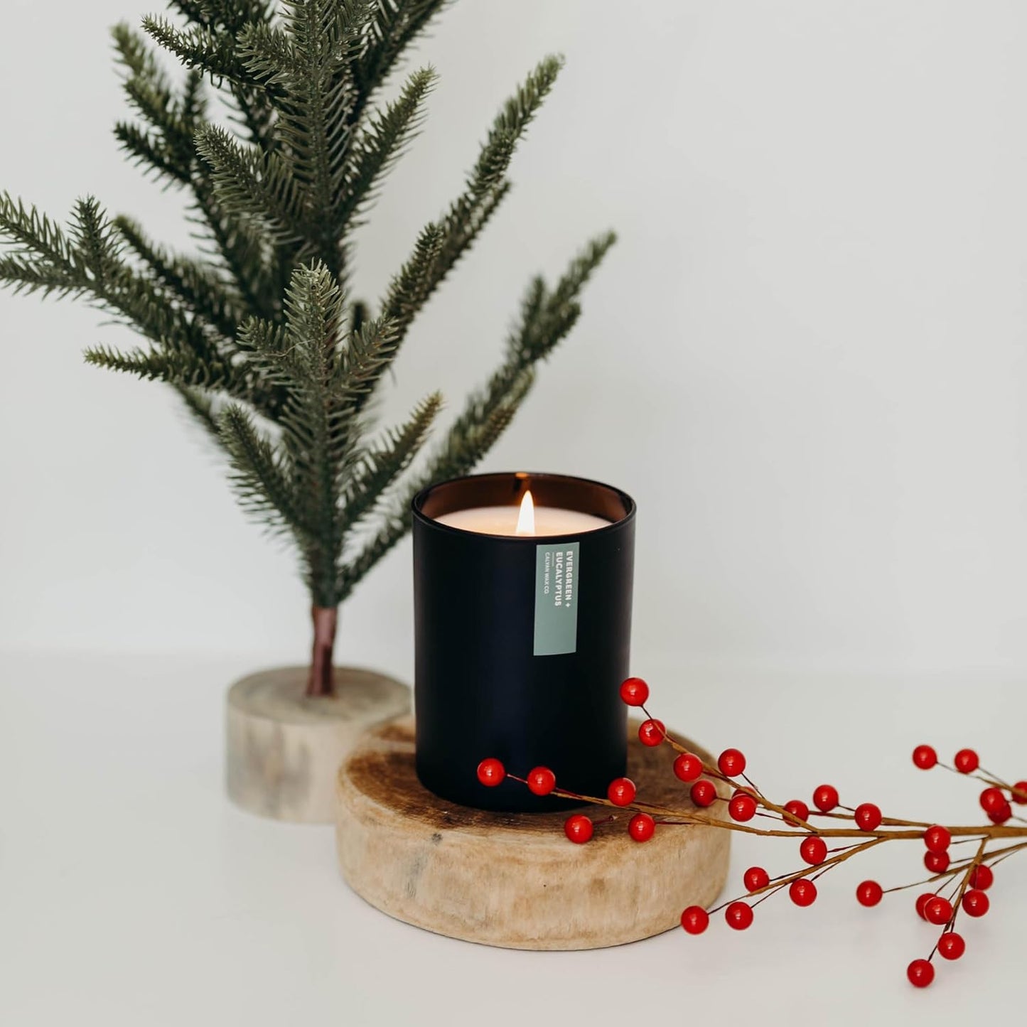 Calyan Wax Co. Evergreen & Eucalyptus Scented Candle - 75 Hour Burn - Luxury Non Toxic Soy Wax Candles - Long Lasting Black Tumbler Jar Candle for Home - 10.2oz