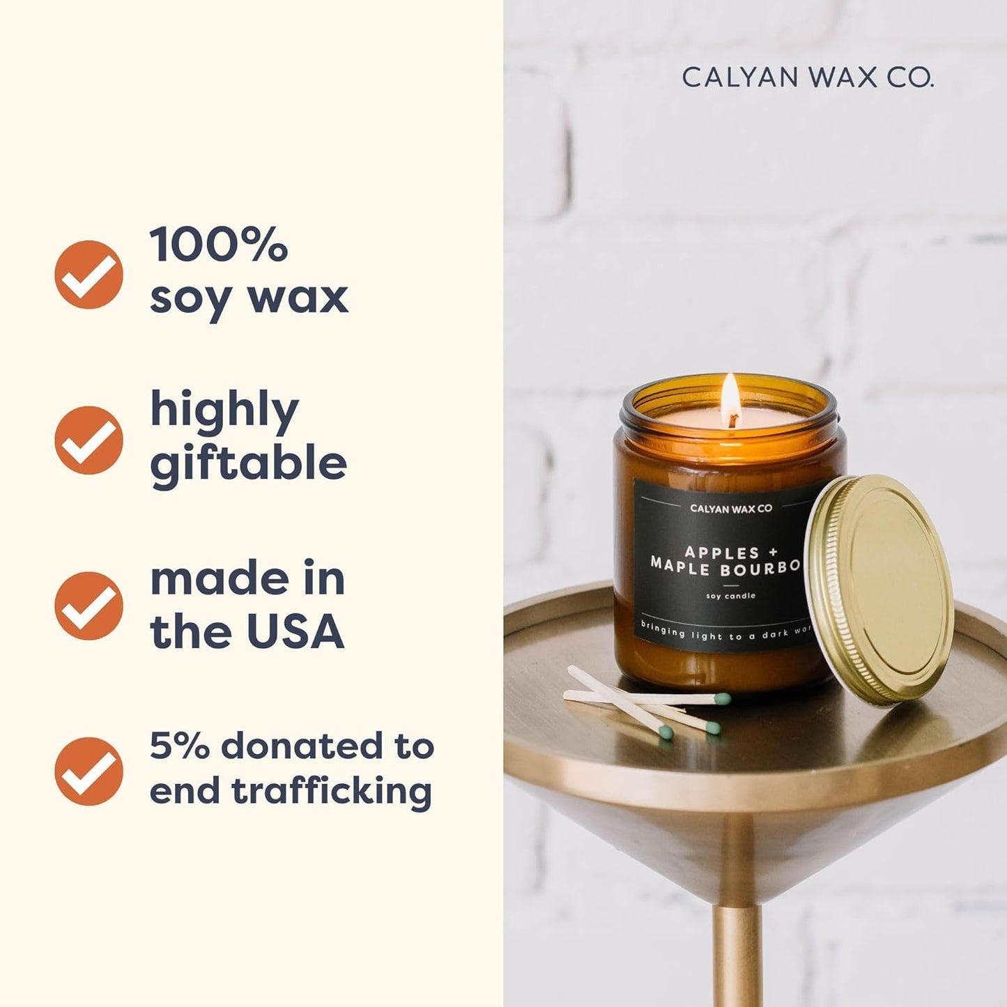 Calyan Wax Co. Apples & Maple Bourbon Scented Candle - 57 Hour Burn - Luxury Non Toxic Soy Wax Candles - Long Lasting Amber Glass Jar Candle for Home - 7.2oz