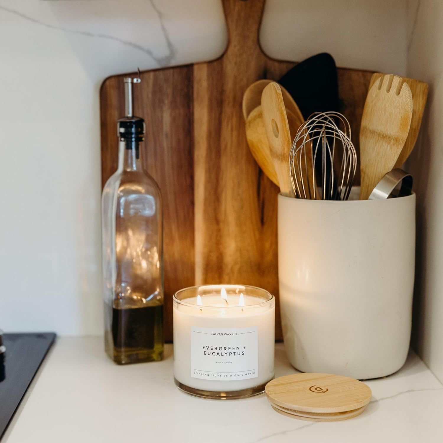 Calyan Wax Co. Evergreen & Eucalyptus 3 Wick Scented Candle - 43 Hour Burn - Luxury 3 Wick Soy Candles - Non Toxic Soy Wax Candles - Long Lasting Large Glass Jar Candle for Home - 14.9oz