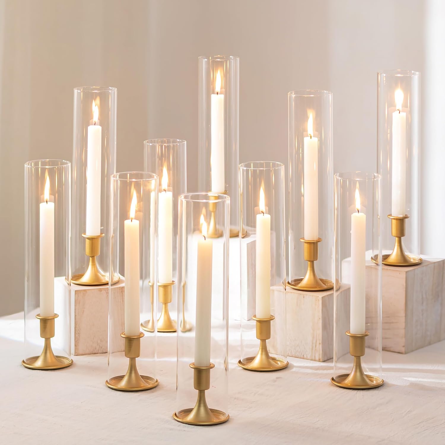 Romadedi Hurricane Candlestick Holders Gold - 10 Pcs Taper Candle Holders Bulk Tall Clear Glass Cylinder for Wedding Table Centerpieces Party Decor Birthday Christmas Home Decorations