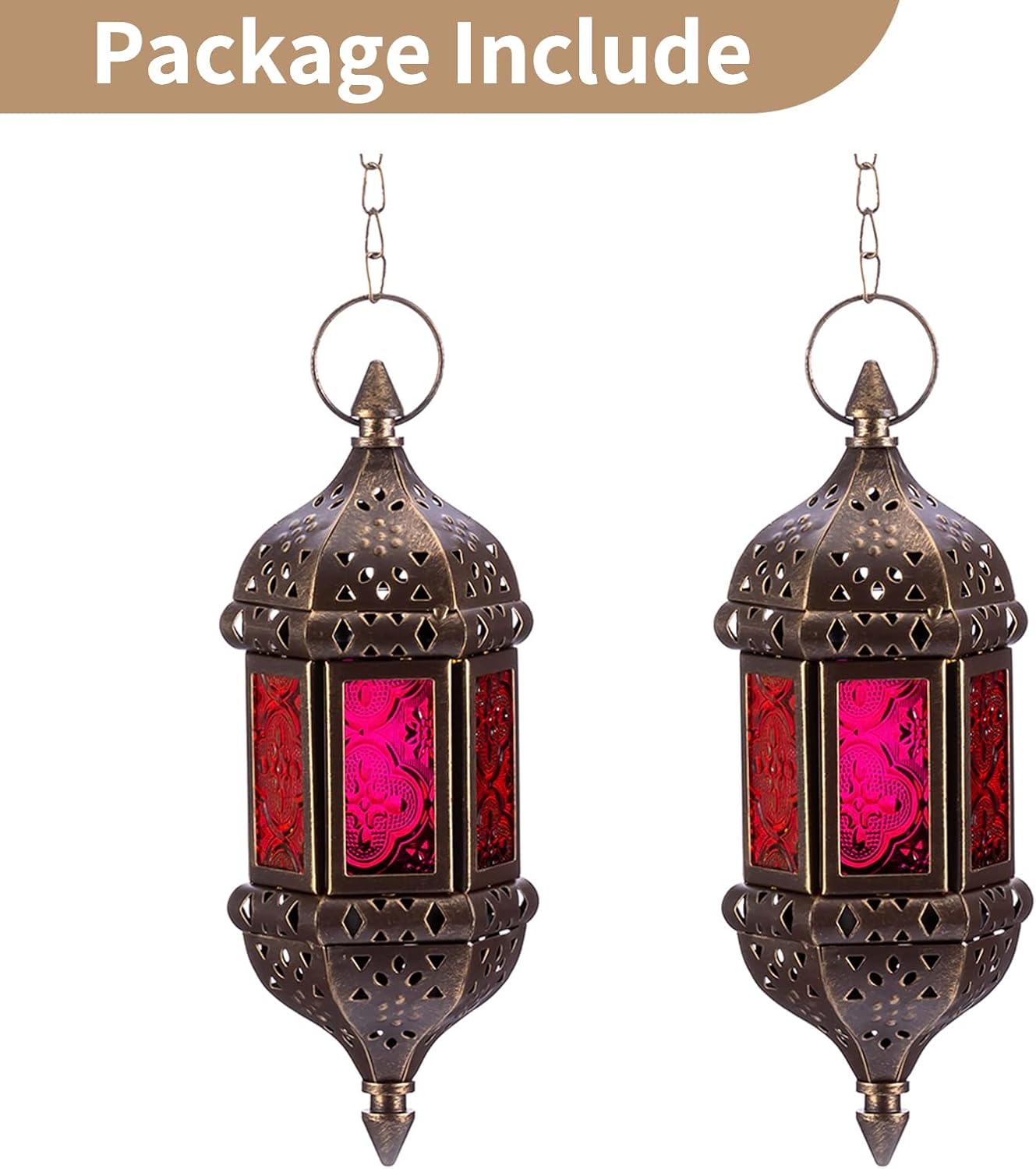 2 Pcs Hanging Hexagon Decorative Moroccan Candle Lantern Holders, Handmade Hanging Tea Light Holder in Bronze Metal & Red & Purple Glass Gift & Decor Items