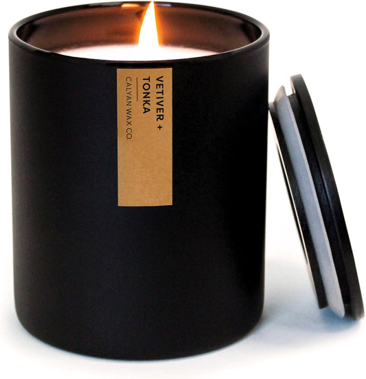 Calyan Wax Co. Vetiver & Tonka Scented Candle - 75 Hour Burn - Luxury Non Toxic Soy Wax Candles - Long Lasting Black Tumbler Jar Candle for Home - 10.2oz