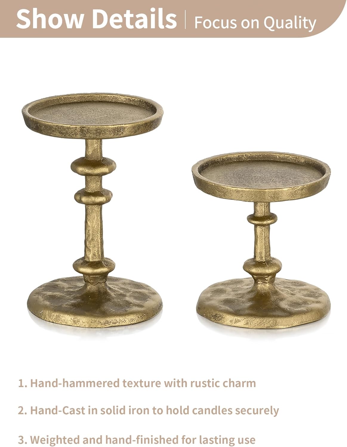 NUPTIO Gold Candle Holders for Pillar: Antique Brass Cast Iron Candleholder for 3 Inch Pillars -Heavy Metal Candle Stand for Christmas Party Table Decor