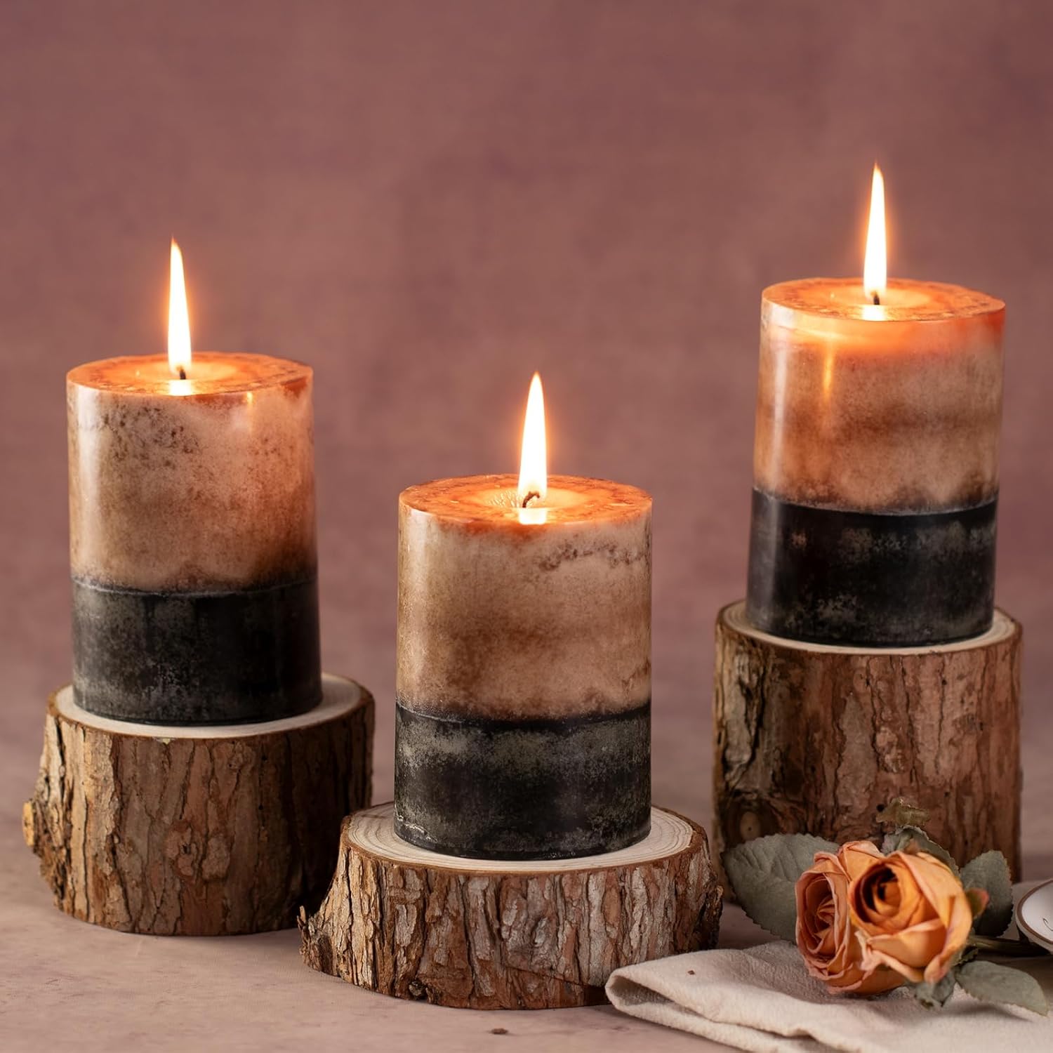 KONNI Coffee Layered Pillar Candles Set of 3, 3"x 4" Unscented Pillar Candles Bulk, 39 Hours Long Burning Candles, Smokeless&Dripless Round Candle for Wedding, Home Decoration, Parties, Spas, Dinner