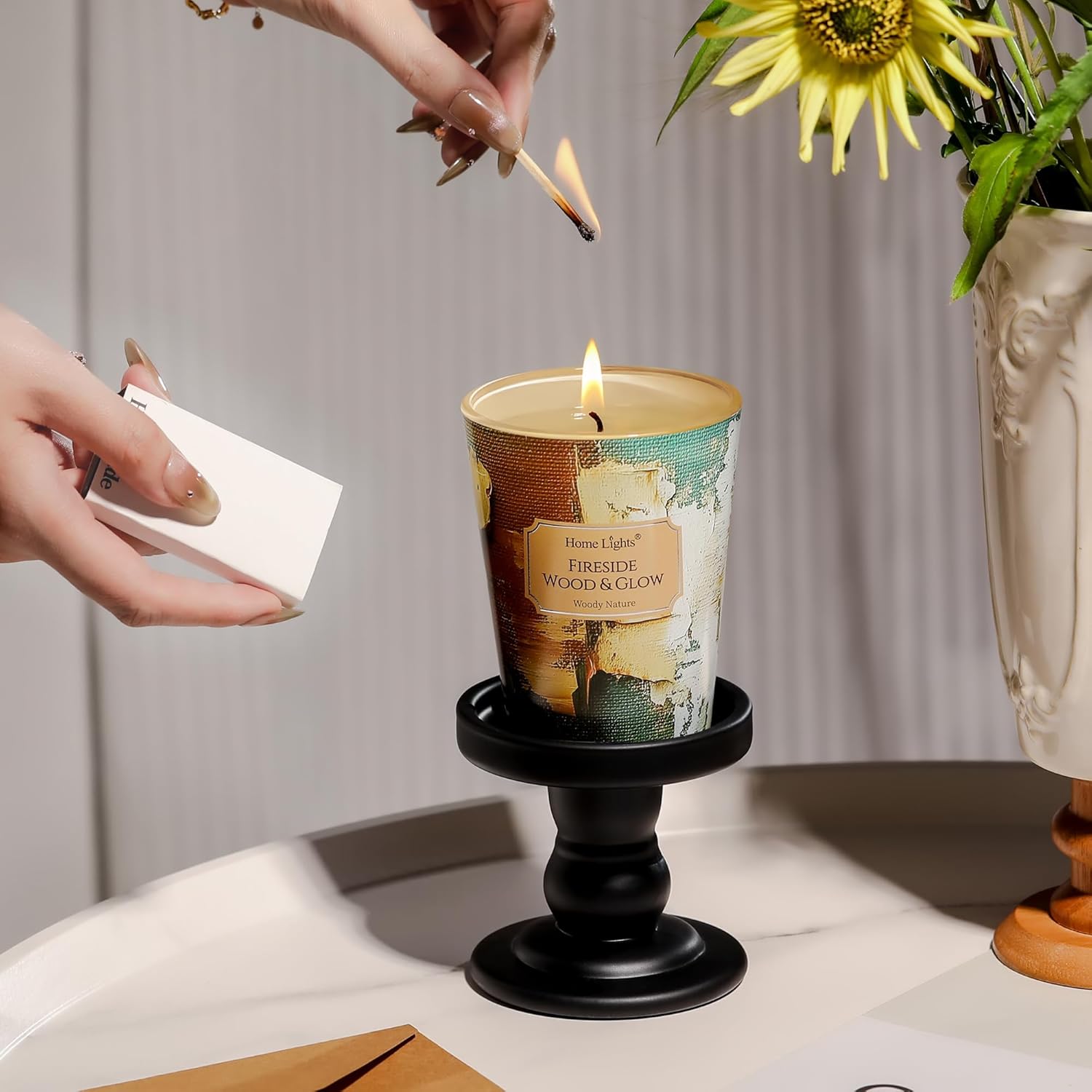 HomeLights 1-Wick Candles for Home Scented - 6.7oz Soy Wax Blend Candle Long-Lasting Fragrance, Industrial Chic Home Decor and Housewarming Gifts, Fireside Wood & Glow