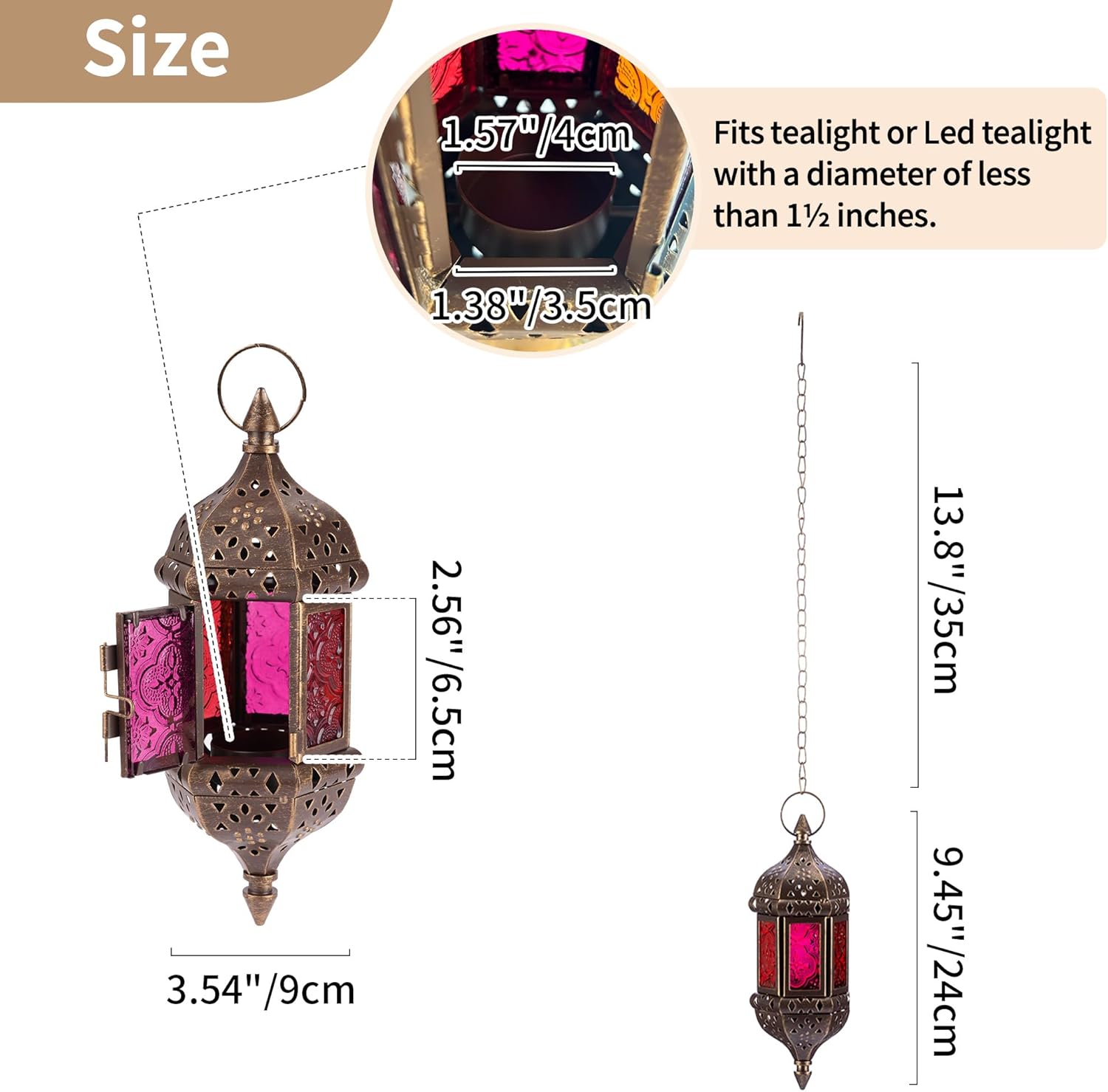 2 Pcs Hanging Hexagon Decorative Moroccan Candle Lantern Holders, Handmade Hanging Tea Light Holder in Bronze Metal & Red & Purple Glass Gift & Decor Items