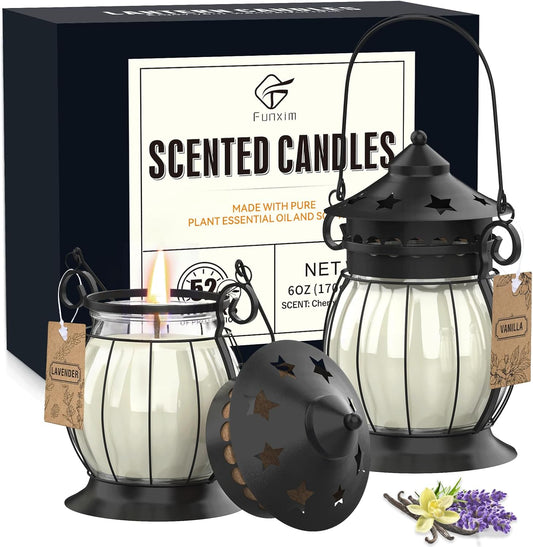 Scented Candles Gifts Set for Women, 2X 6 oz Aromatherapy Jar Candles for Home, Vanilla & Lavender Soy Wax Long Lasting Retro Lantern Candles Perfect for Stress Relief Mum Yoga Bath Spa Christmas