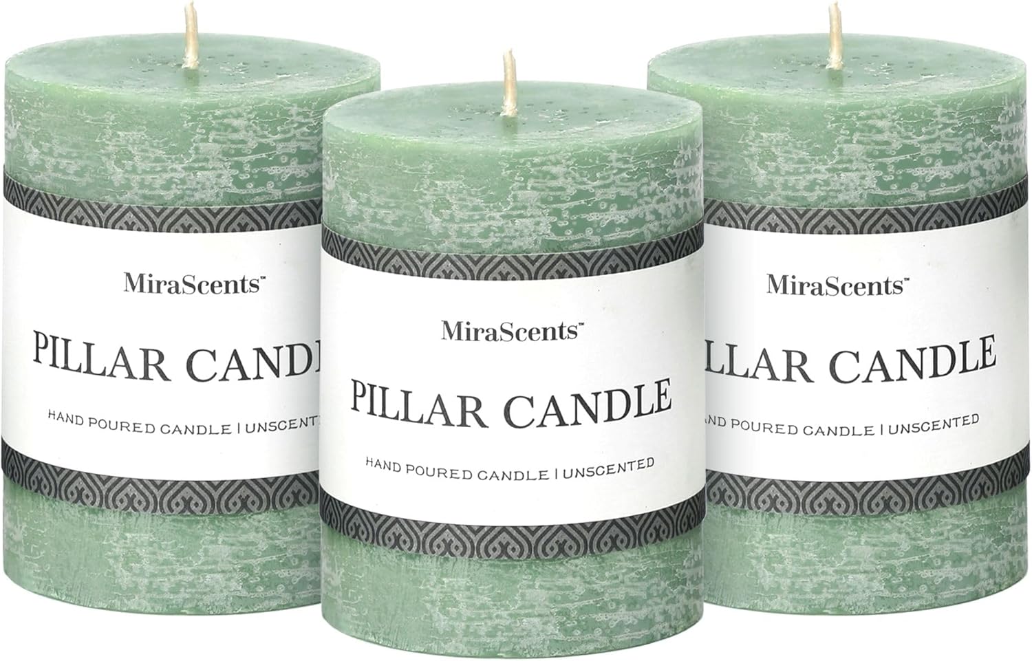 3x4 Inch Sage Green Pillar Candles - Set of 3, Unscented, Long Burning, Smokeless Dripless Candles for Spring Home Decor, Dinner Table, Bathroom, Rustic Decor