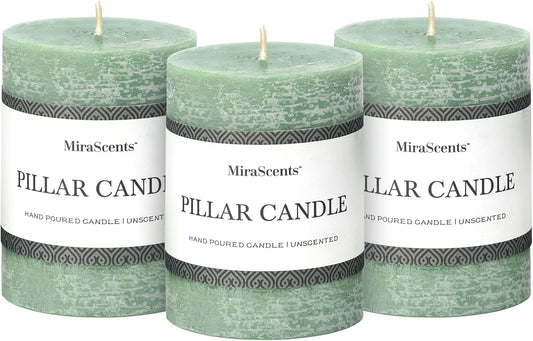 3x4 Inch Sage Green Pillar Candles - Set of 3, Unscented, Long Burning, Smokeless Dripless Candles for Spring Home Decor, Dinner Table, Bathroom, Rustic Decor