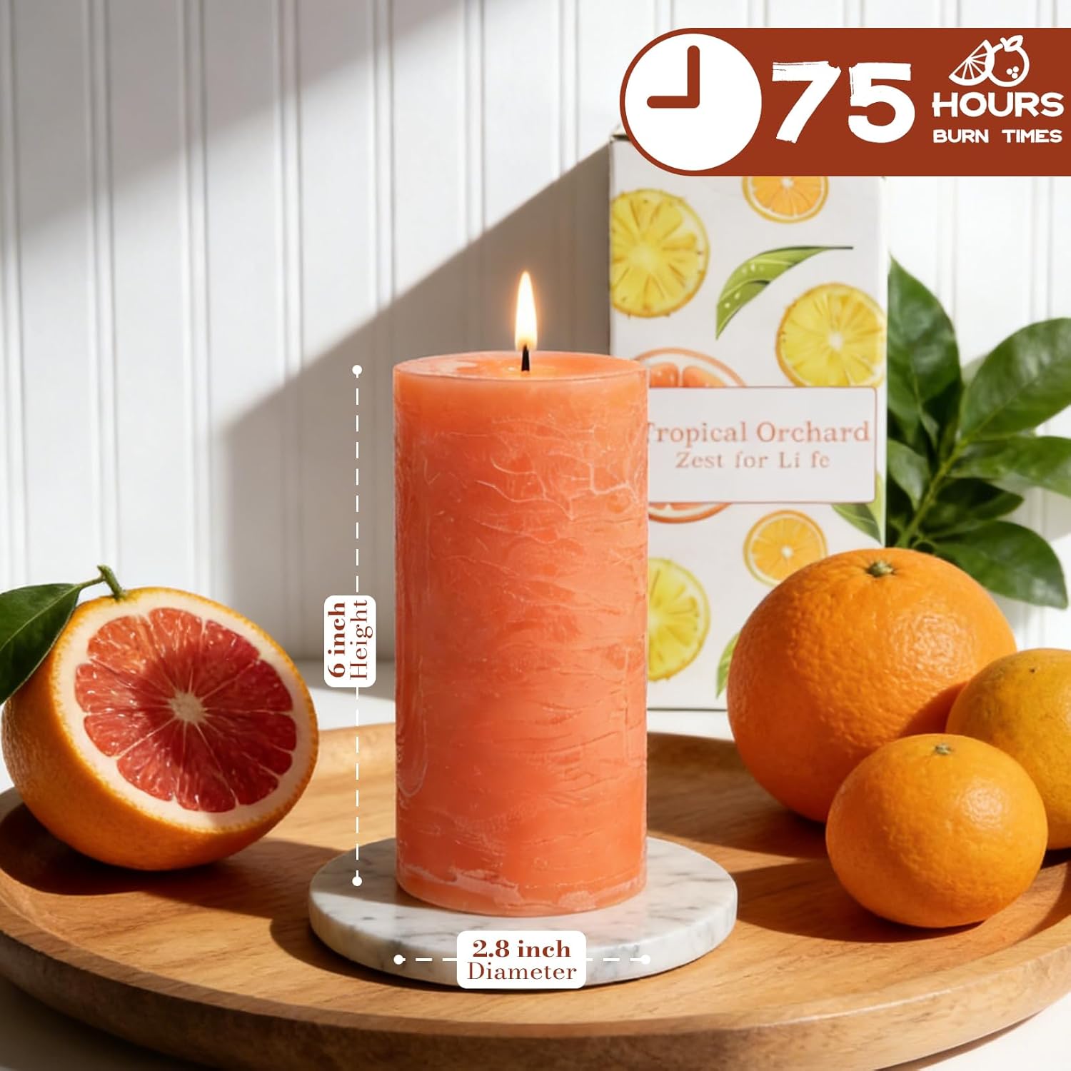 Tropical Orchard Scented Pillar Candle - 2.8x6 Inch, 75-Hour Burn, Pineapple & Grapefruit Luxury Aromatherapy Candle, Sweet Fruit Scent Pillar Candles for Home, Natural Fragrance Candle for Air Purify