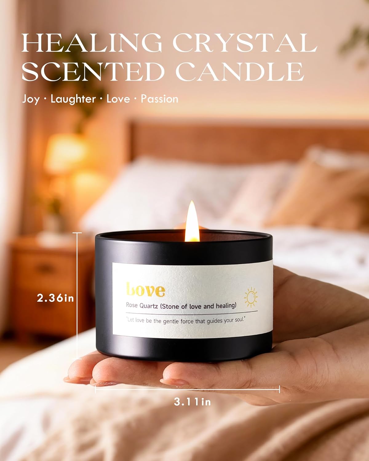 AOOVOO Crystal Love Candles Set for Women - 4 Pack 26 oz Soy Wax Candles for Home Scented, 200 Hour Long Lasting Candle, Laughter Red Crystal/Love Rose Quartz/Joy Citrine/Passion Red Quartz