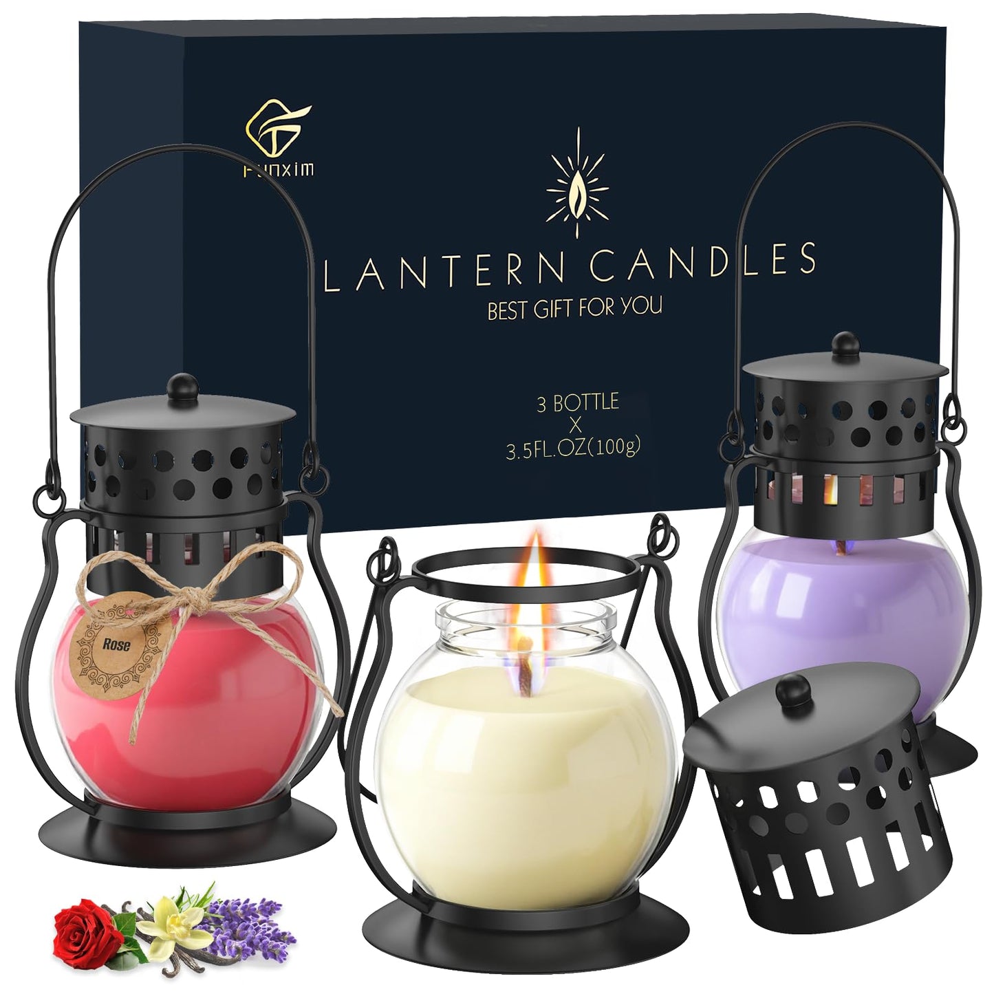 Scented Candles Gift Set - 3 Pack Candles for Home Scented Retro Lantern, Fall Candle Set Perfect for Women, Birthday, Yoga, Weddings, Christmas - Soy Wax Candle Vanilla, Rose, Lavender