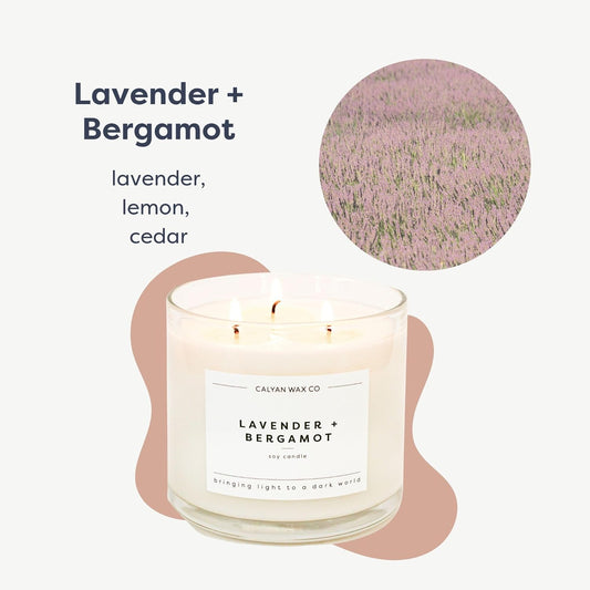 Calyan Wax Co. Lavender & Bergamot 3 Wick Scented Candle - 43 Hour Burn - Luxury 3 Wick Soy Candles - Non Toxic Soy Wax Candles - Long Lasting Large Glass Jar Candle for Home - 14.9oz