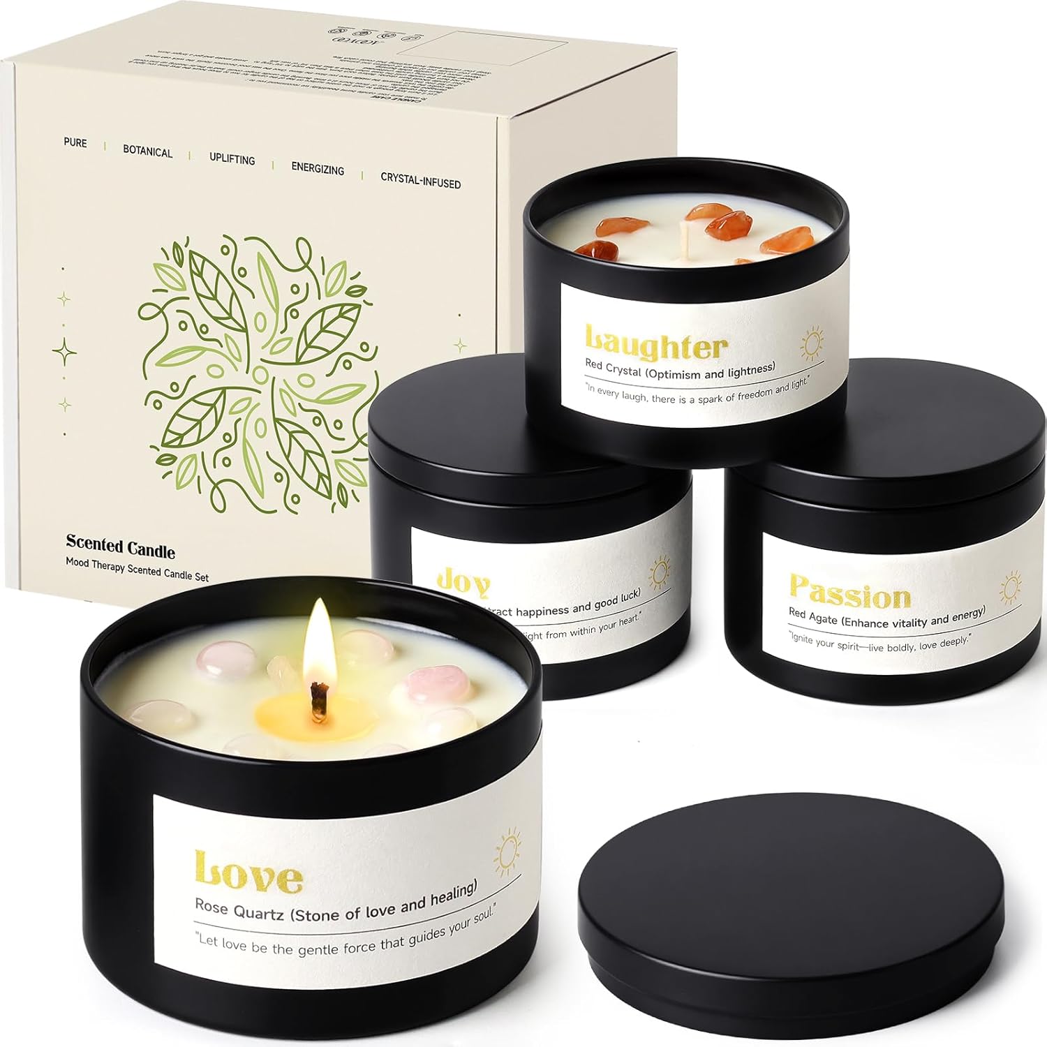 AOOVOO Crystal Love Candles Set for Women - 4 Pack 26 oz Soy Wax Candles for Home Scented, 200 Hour Long Lasting Candle, Laughter Red Crystal/Love Rose Quartz/Joy Citrine/Passion Red Quartz