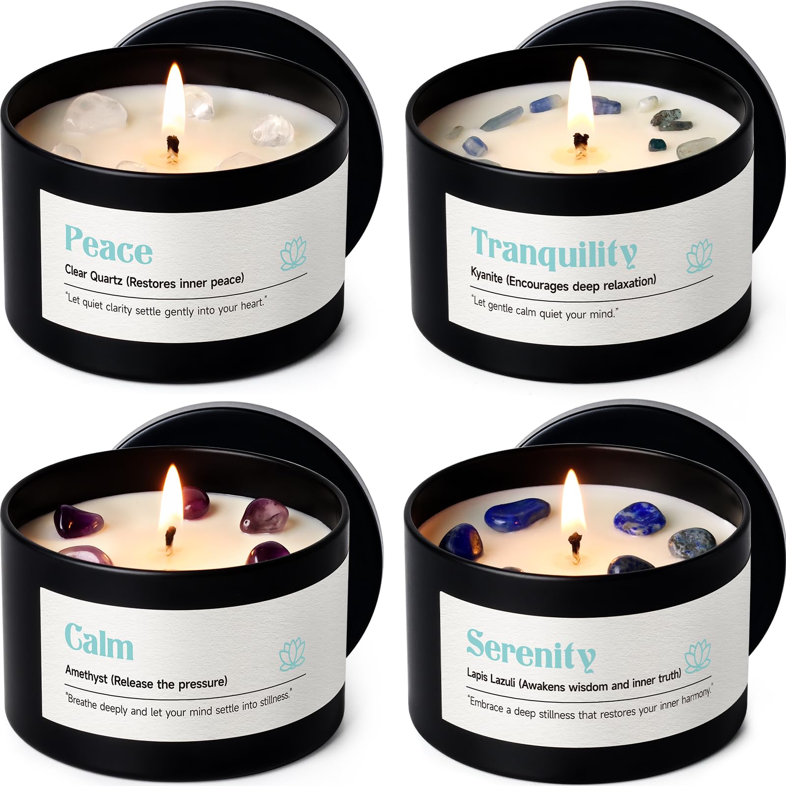 AOOVOO Crystal Love Candles Set for Women - 4 Pack 26 oz Soy Wax Candles for Home Scented, 200 Hour Long Lasting Candle, Laughter Red Crystal/Love Rose Quartz/Joy Citrine/Passion Red Quartz