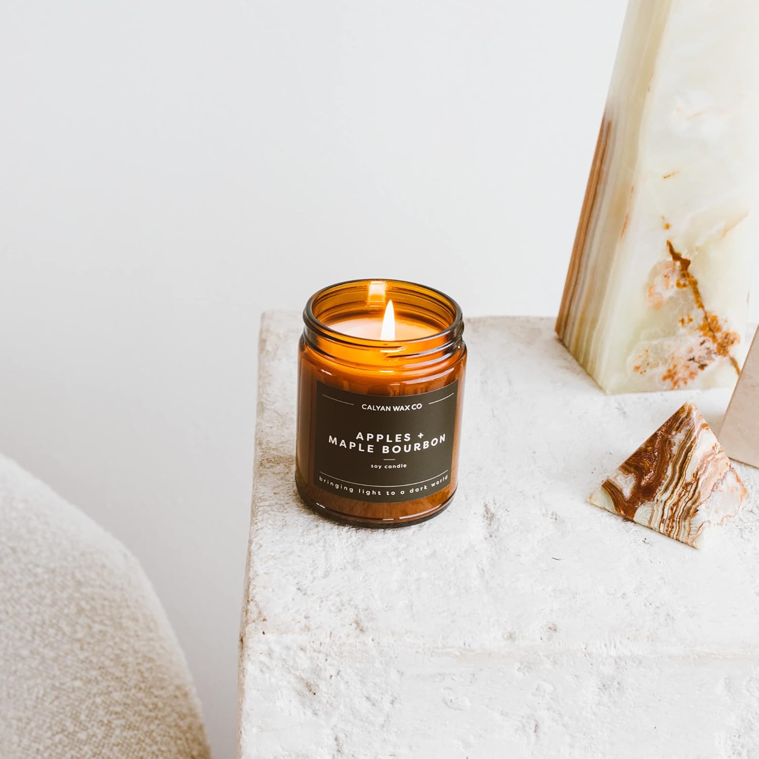 Calyan Wax Co. Apples & Maple Bourbon Scented Candle - 57 Hour Burn - Luxury Non Toxic Soy Wax Candles - Long Lasting Amber Glass Jar Candle for Home - 7.2oz