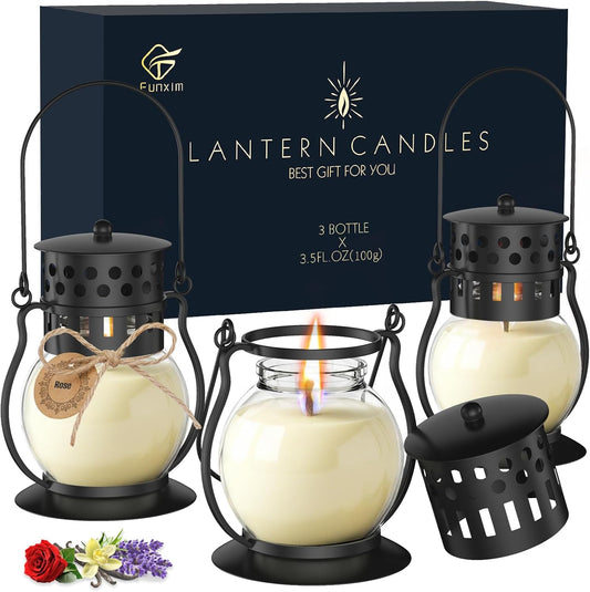 Scented Candles Gift Set - 3 Pack Candles for Home Scented Retro Lantern, Fall Candle Set Perfect for Women, Birthday, Yoga, Weddings, Christmas - Soy Wax Candle Vanilla, Rose, Lavender