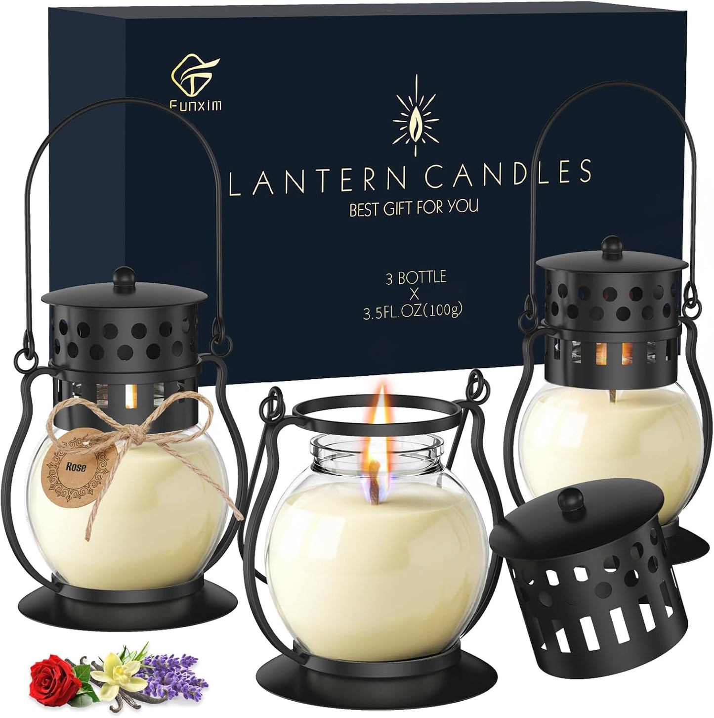Scented Candles Gift Set - 3 Pack Candles for Home Scented Retro Lantern, Fall Candle Set Perfect for Women, Birthday, Yoga, Weddings, Christmas - Soy Wax Candle Vanilla, Rose, Lavender