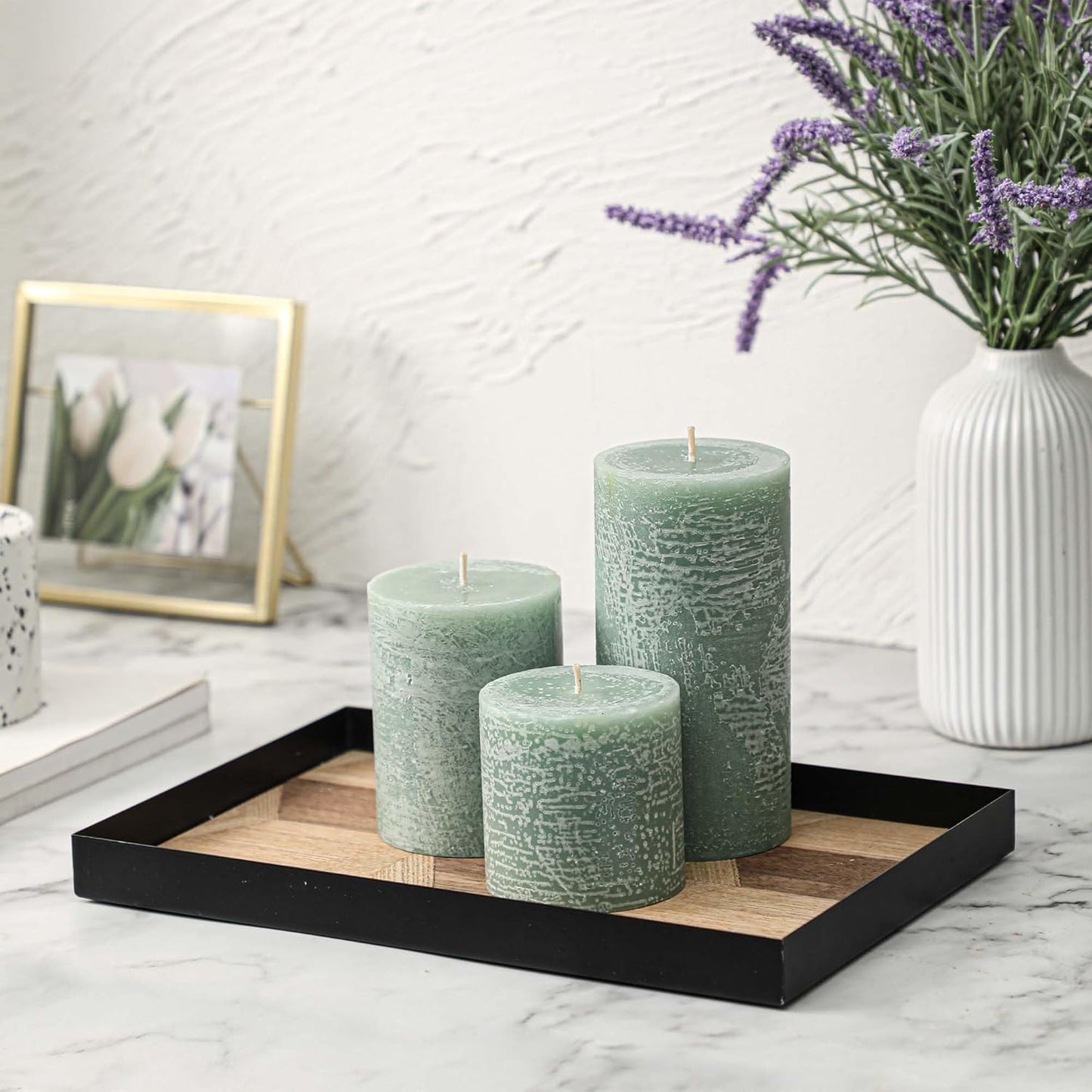 3x4 Inch Sage Green Pillar Candles - Set of 3, Unscented, Long Burning, Smokeless Dripless Candles for Spring Home Decor, Dinner Table, Bathroom, Rustic Decor