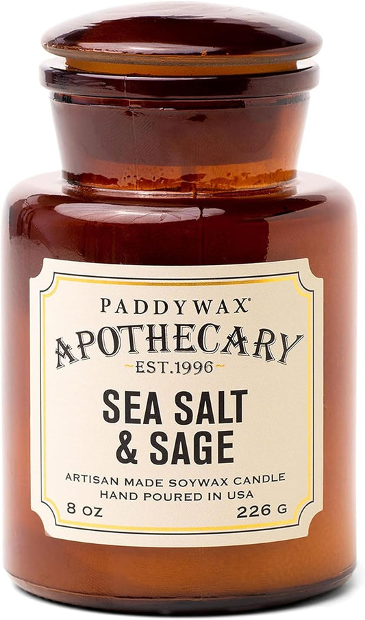 Paddywax Artisan Apothecary Scented Candle with Lid in Reusable Glass Jar, Clean-Burn Soy Candle with Approx. 54 Hour Burn Time, Sea Salt & Sage, 8 oz.