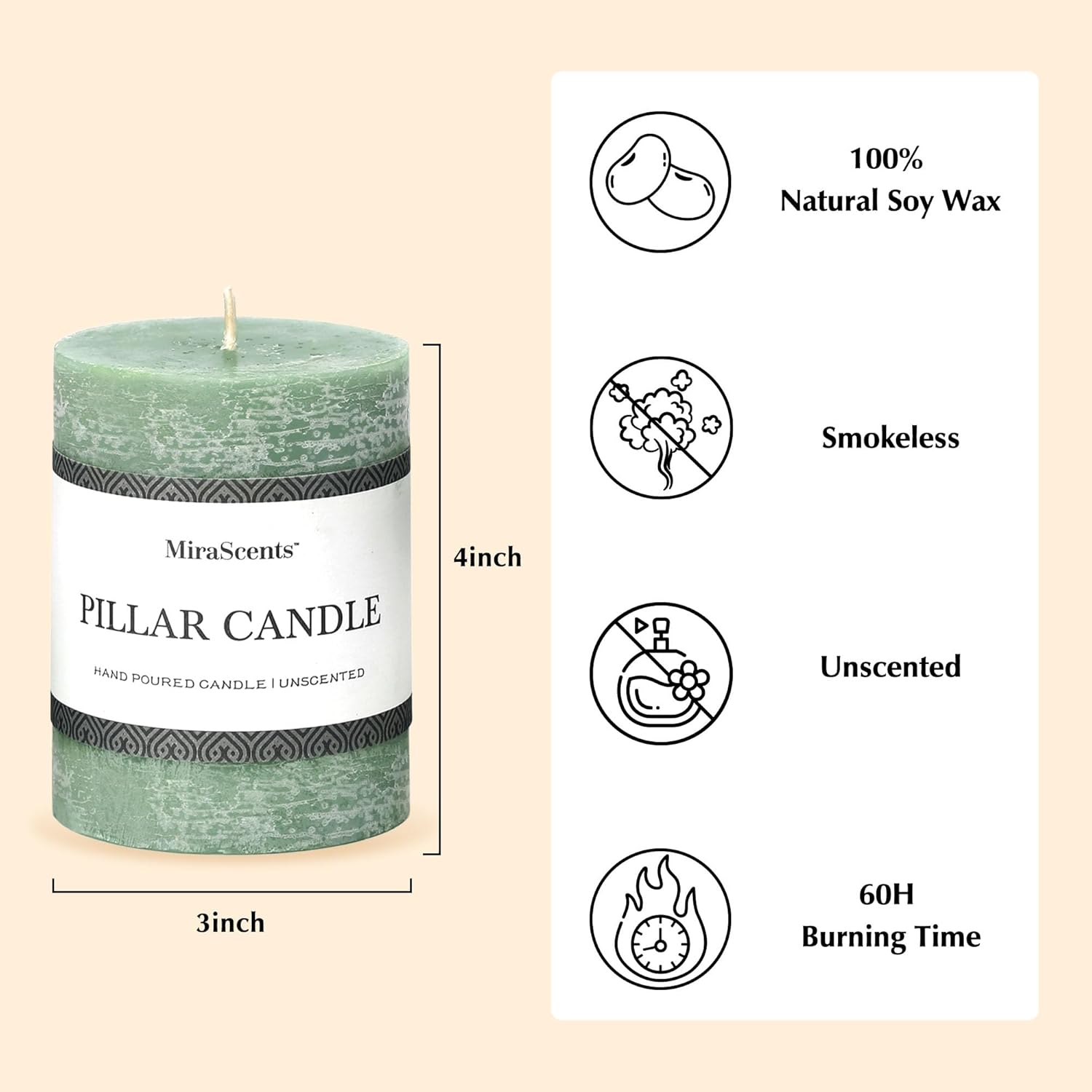 3x4 Inch Sage Green Pillar Candles - Set of 3, Unscented, Long Burning, Smokeless Dripless Candles for Spring Home Decor, Dinner Table, Bathroom, Rustic Decor